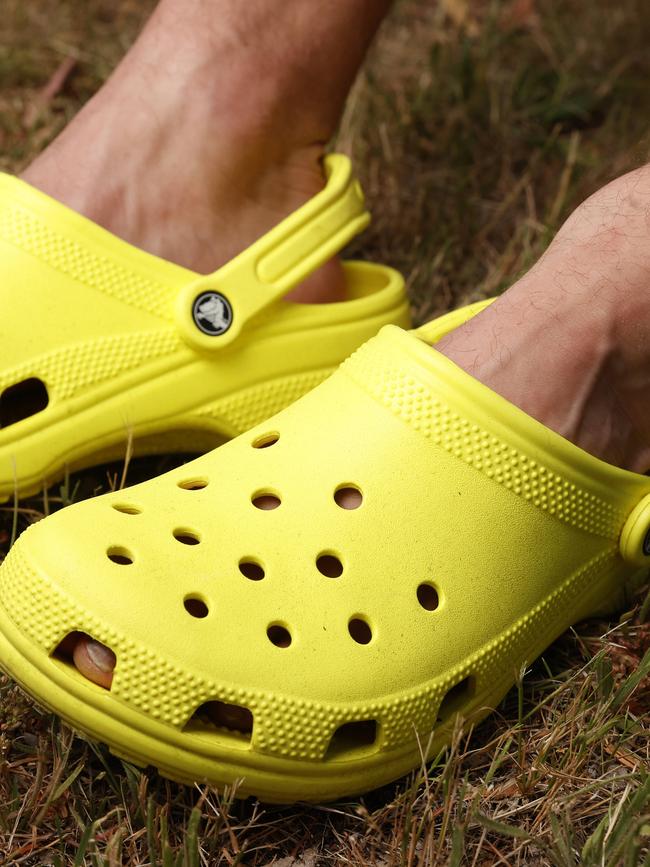 Dan Camac 29 of Adelaide ran the marathon in Crocs and broke the world record for doing this. 2025 Cadbury Marathon. Picture: Nikki Davis-Jones