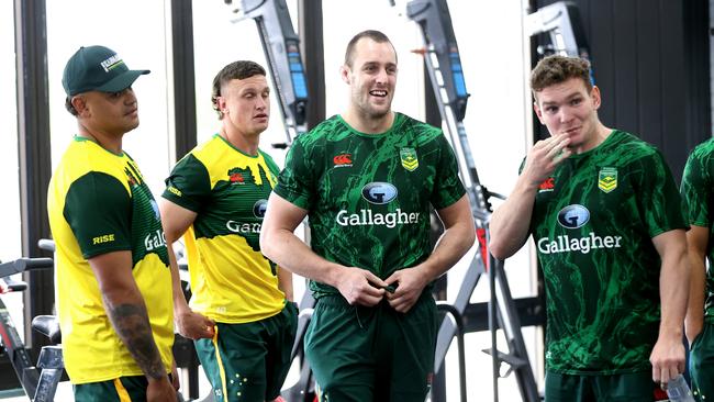 SYDNEY, AUSTRALIA – OCTOBER 06: Isaah Yeo and Liam Martin take part in a gym session during an Australia Kangaroos media opportunity ahead of the Rugby League World Cup at E-Lab Training on October 06, 2022 in Sydney, Australia. (Photo by Brendon Thorne/Getty Images)