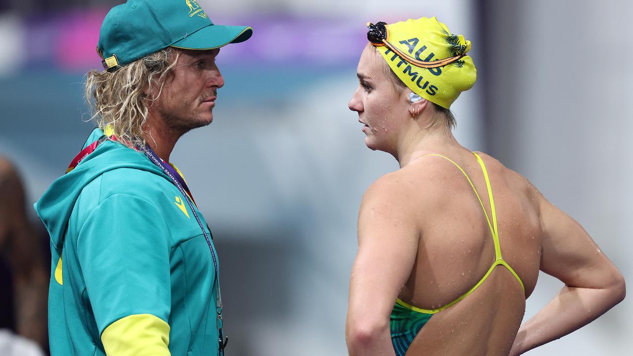 Ariarne Titmus chats with her coach Dean Boxall at the 2022 Commonwealth Games in Birmingham. Picture: Michael Klein