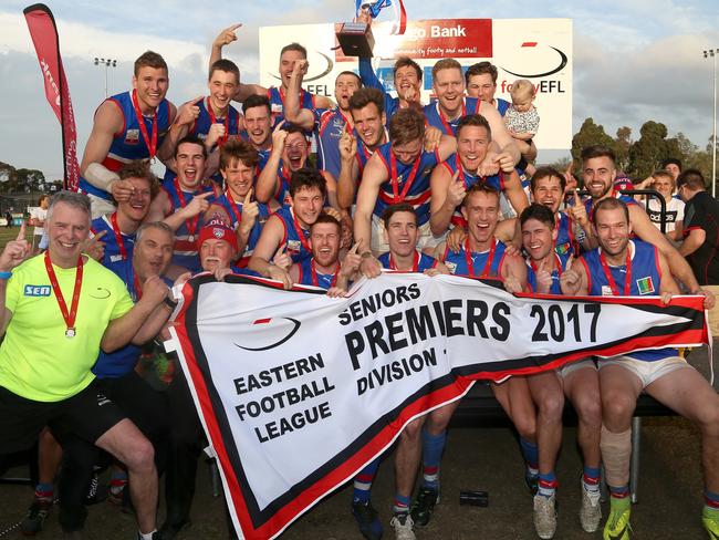 South Croydon celebrate with the trophy after the EFL (Div 1) Grand Final: Vermont v South Croydon at Bayswater Oval on Saturday, September 23, 2017, in Bayswater, Victoria, Australia.Picture: Hamish Blair