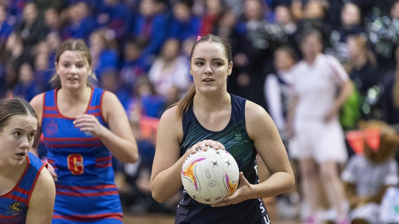 Mikayla O'Neill of St Ursula's Senior A against Downlands First VII in Merici-Chevalier Cup netball at Salo Centre, Friday, July 19, 2024. Picture: Kevin Farmer