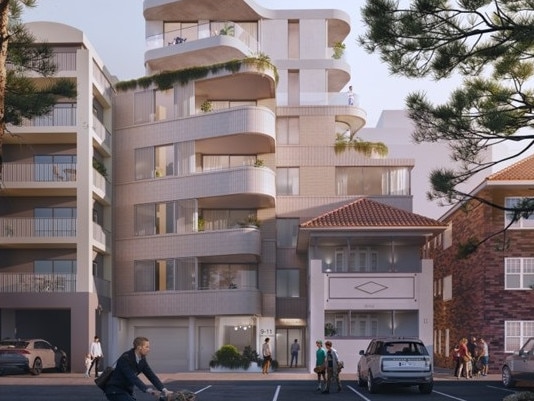 An artist's impression for a 6-storey block of shop-top units, incorporating a heritage-list ed 2-storey block of flats, which has been given planning approval for 9-11 Victoria Pde, Manly. Picture: Platform Architects