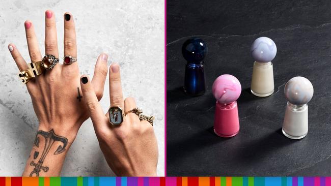 Harry Styles models the nail polish for his new non-binary beauty brand, Pleasing. Image: Pleasing.