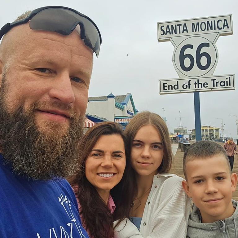 Lithuanian man Aurimas Mockus with wife Sonata Mockuviene and kids Vejune and Jonas before setting off from San Diego.