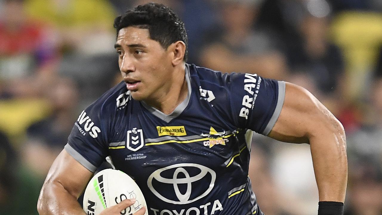 TOWNSVILLE, AUSTRALIA - MAY 20: Jason Taumalolo of the Cowboys runs the ball during the round 11 NRL match between the North Queensland Cowboys and the Newcastle Knights at QCB Stadium, on May 20, 2021, in Townsville, Australia. (Photo by Ian Hitchcock/Getty Images)