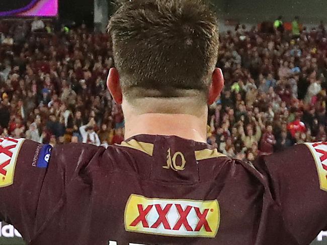 Jai Arrow celebrates. Queensland vs New South Wales for game 3 of the State of Origin series at Suncorp Stadium in Brisbane.  Pic Peter Wallis