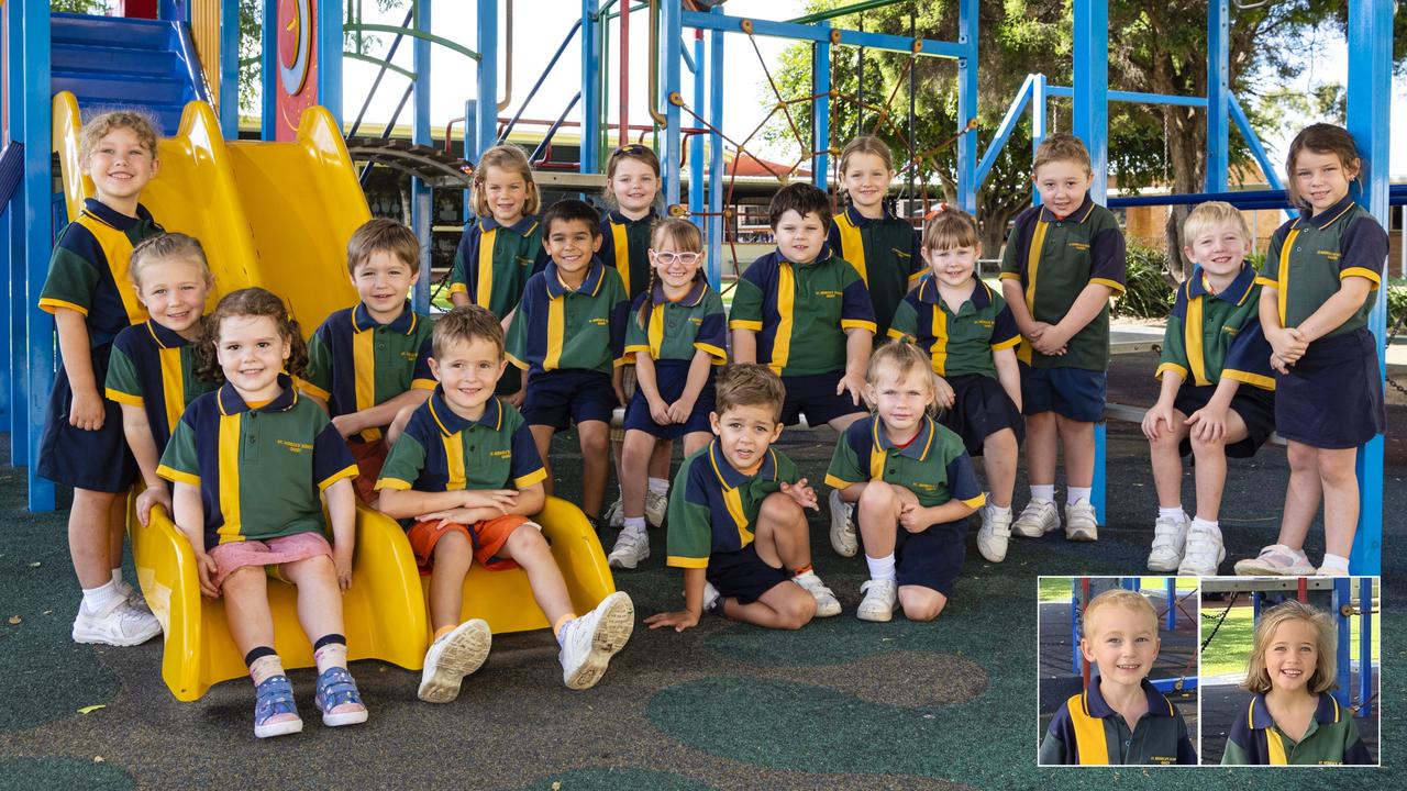 My First Year 2022: St Monica's Primary School, Oakey Prep students (from left) Ella, Pippa, Eloise, David, Kian, Liberty, Jackson, Charlotte, Maddison, Mateo, Clayton, Isabella, Lilyahna, Brooklyn, Tyler, Jack and Zoe. Inset are William and Adelaide, Friday, March 18, 2022. Picture: Kevin Farmer / Supplied