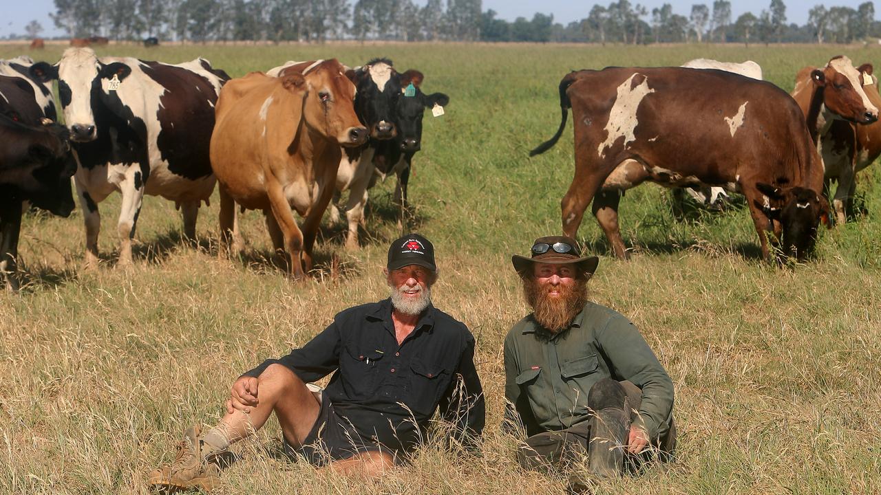 Neville Kydd and his son, Daniel, on their dairy farm at Finley in southern NSW.