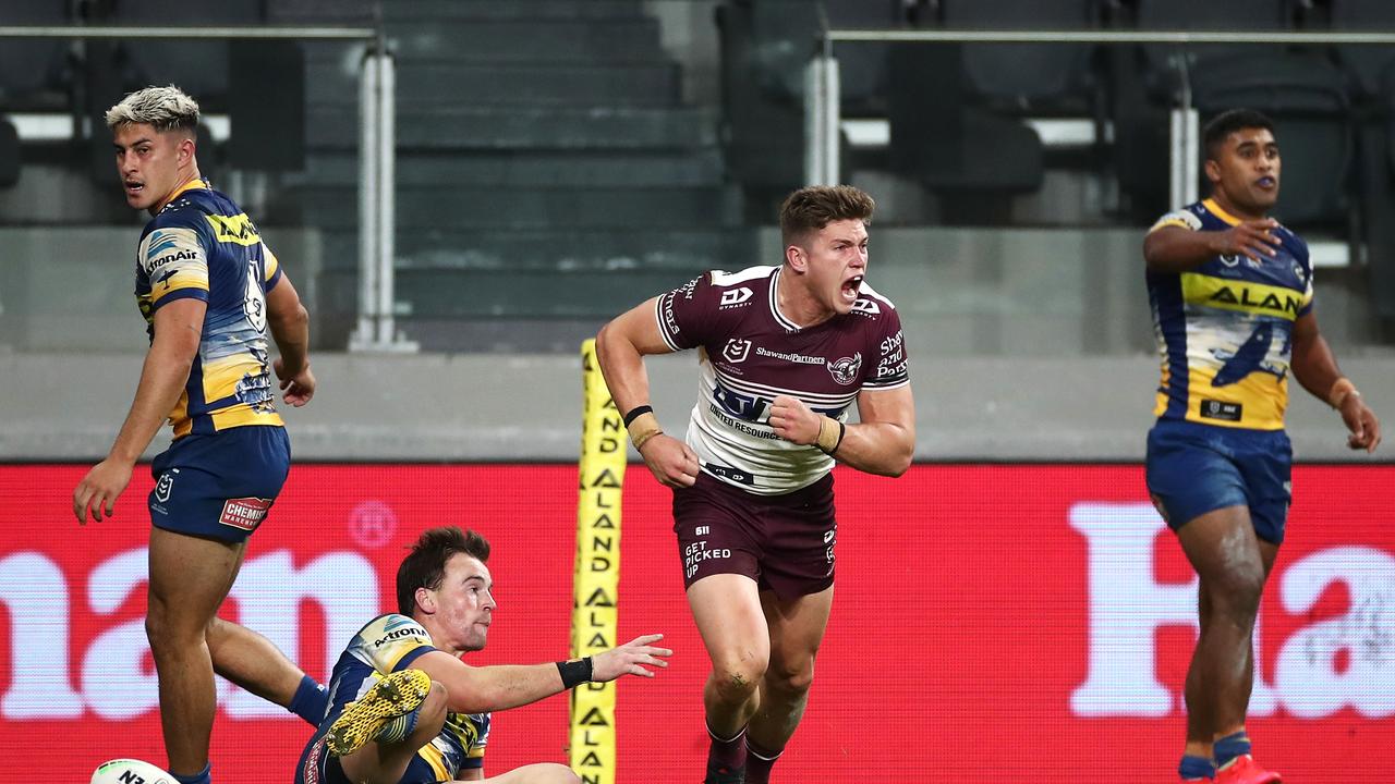 SYDNEY, AUSTRALIA - JUNE 06: Reuben Garrick of the Sea Eagles celebrates scoring the match winning try that was then disallowed following a Sea Eagles forward pass during the round four NRL match between the Parramatta Eels and the Manly Sea Eagles at Bankwest Stadium on June 06, 2020 in Sydney, Australia. (Photo by Cameron Spencer/Getty Images)