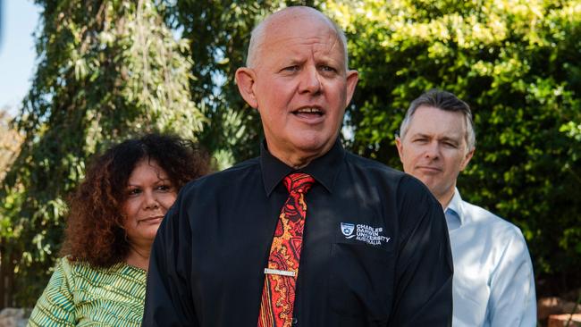 Indigenous Australians Minister Malarndirri McCarthy, Charles Darwin University Pro Vice-Chancellor Scott Bowman and Federal Education Minister Jason Clare announce $40,000 scholarships for NT student teachers. Picture: Pema Tamang Pakhrin