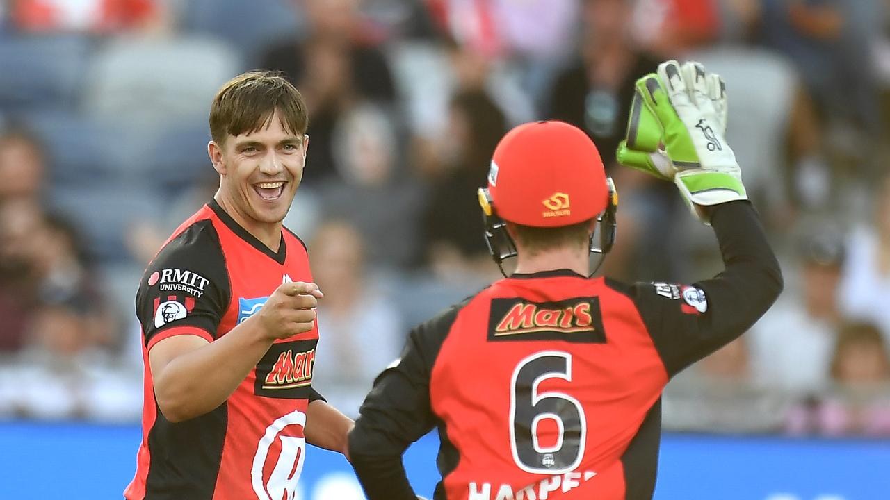 Cameron Boyce celebrates a wicket with keeper Sam Harper last season.