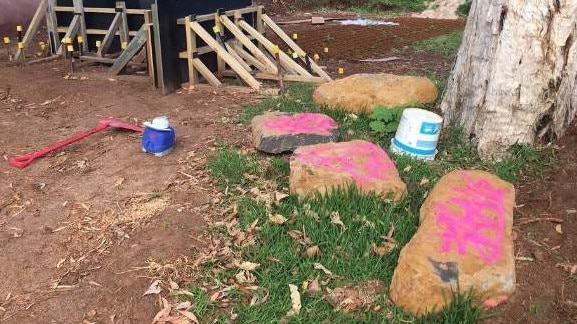 Graffiti sprayed across the new playground currently under construction at the corner of Coral Street and Terranora Parade at Bilambil Heights.