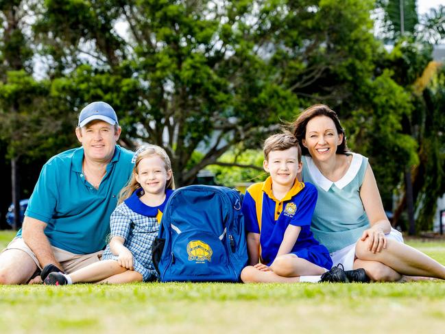 Brisbane couple Ashley Marr and Paige McInnes with their children Charlotte Marr, 6, and Lachlan Marr, 8. Picture: Richard Walker