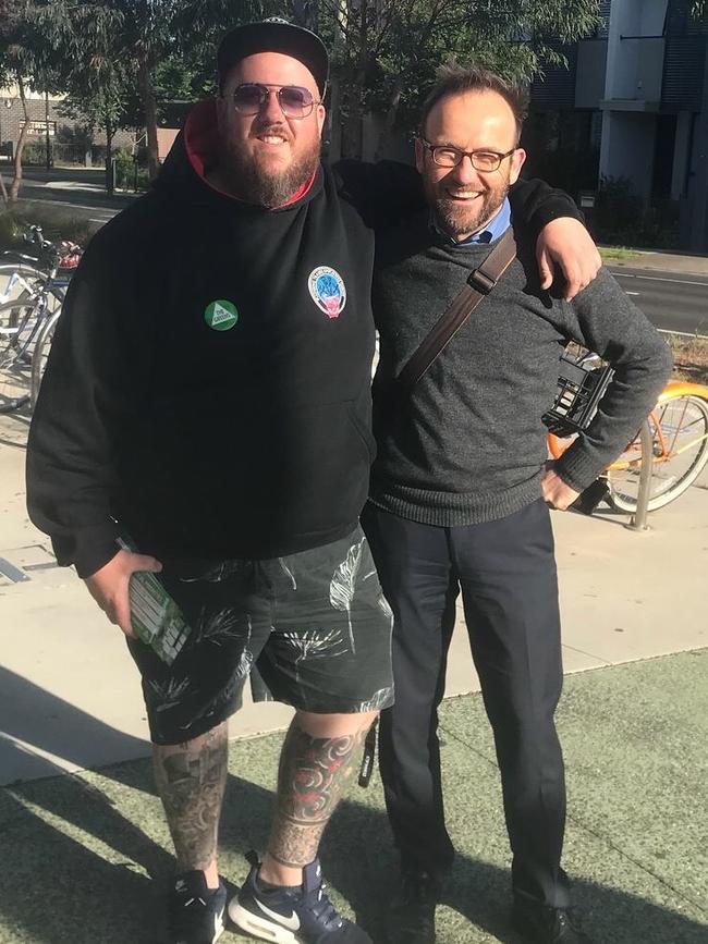 Angus McAlpine (left) with Greens Member for Melbourne Adam Bandt. Picture: Supplied