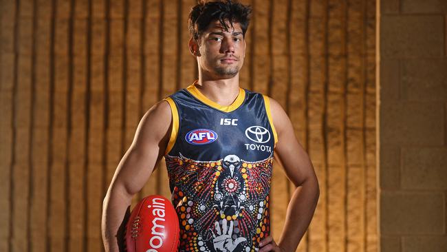 Wearing the club’s indigenous round guernsey designed by Eddie Hocking. Picture: Tom Huntley.