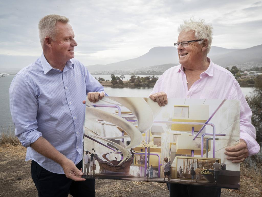 Premier Jeremy Rockliff and Chocolate Experience at Cadbury proponent Simon Currant at the Cadbury factory, Claremont. Picture: Chris Kidd