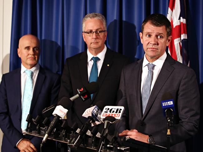 Education Minister Adrian Piccoli, Mark Scott and Premier Mike Baird at the announcement today. Picture: Adam Yip