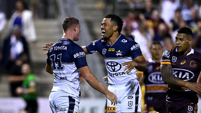 The Cowboys trailed at halftime but scored five unanswered tries to snatch victory from the Broncos. Picture: Getty Images.