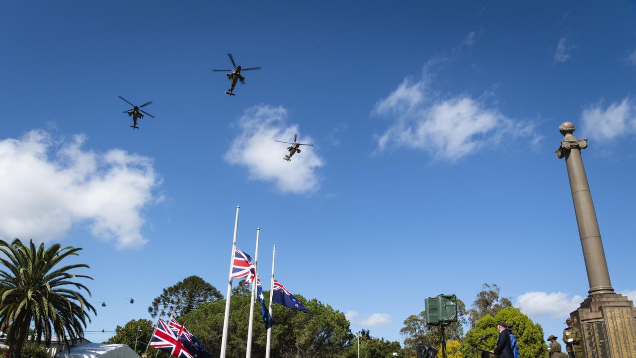 The flyover as part of the Anzac Day Toowoomba mid-morning Service of Remembrance at the Mothers' Memorial, Tuesday, April 25, 2023. Picture: Kevin Farmer