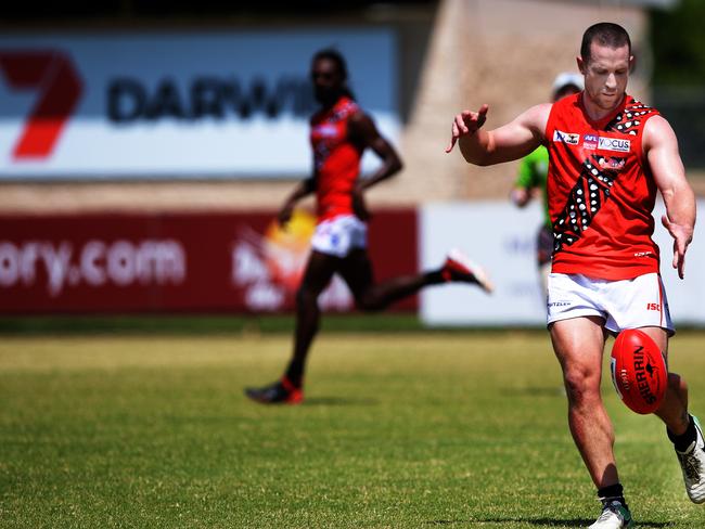 Tiwi Bombers  player Ashton Hams gets boot to ball during round 13 premier league Wanderers v Tiwi Bombers at TIO Stadium on Saturday, January 13, 2019. Picture: Keri Megelus