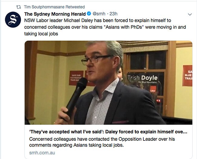 The Sydney Morning Herald story retweeted by Tim Southphommasane.