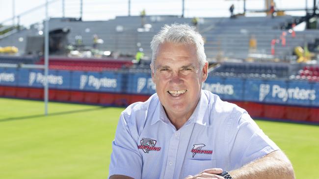 Redcliffe Dolphins CEO Tony Murphy with the new grandstand under construction in the background. Picture: Renae Droop