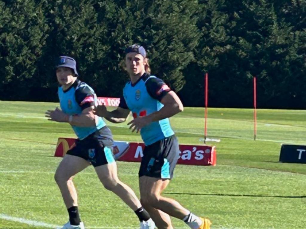 Nicho Hynes and Liam Martin at Blues training on Thursday.