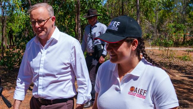 Australian Indigenous Education Foundation graduate Kodie Mason with Anthony Albanese at the 2023 Garma festival.