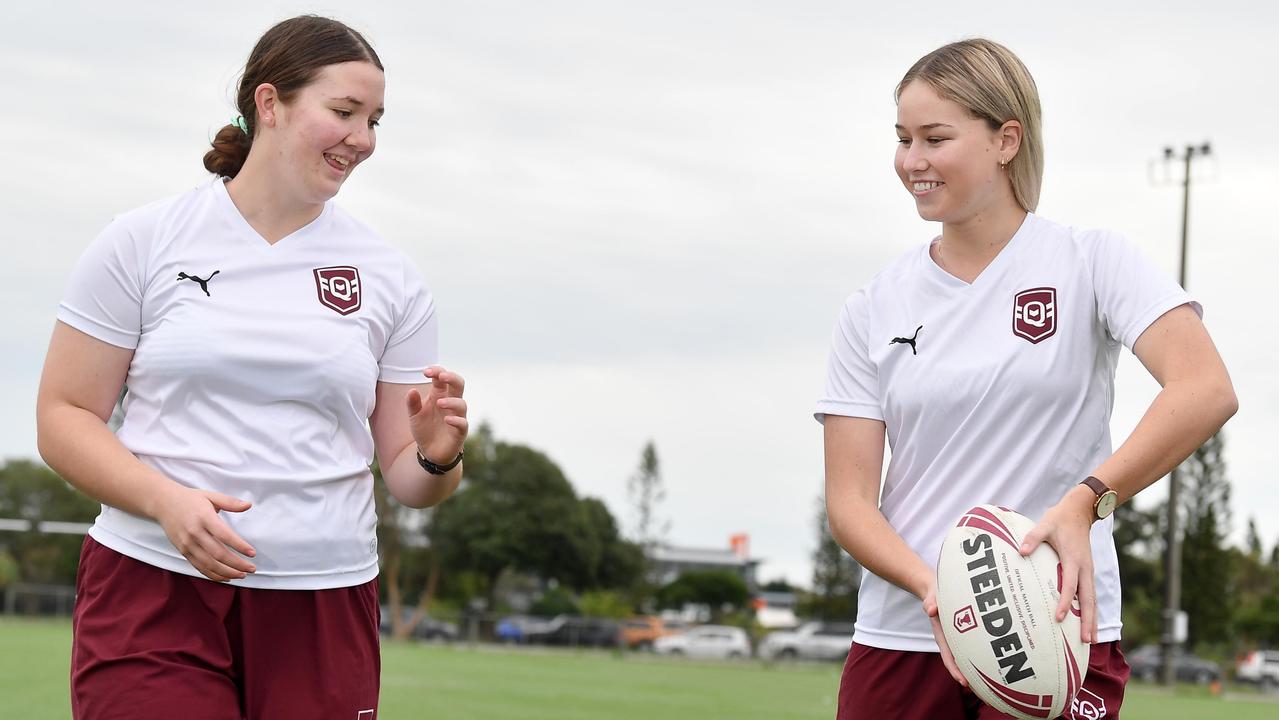 Rising rugby league talents Grace Giampino (left) and Makayla Everding have been selected in the Queensland U19 Sapphires team. Picture: Patrick Woods