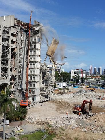 And it’s gone ... the tower plummets from the top of the old Gold Coast Hospital during demolition, February 12, 2015. Photo: Dr Neil Cleaver