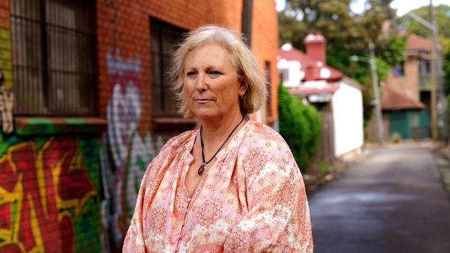 Ex-cop and Regan's cousin Kelly Slater Regan in the lane in Marrickville where he was asssassinated. Picture: Lachlan Clear