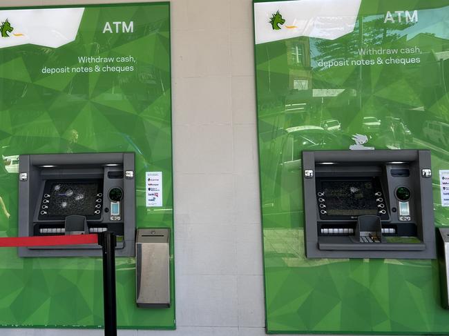 Damage to ATMs at the St George bank branch on The Corso, Manly. Picture: Steve Howard