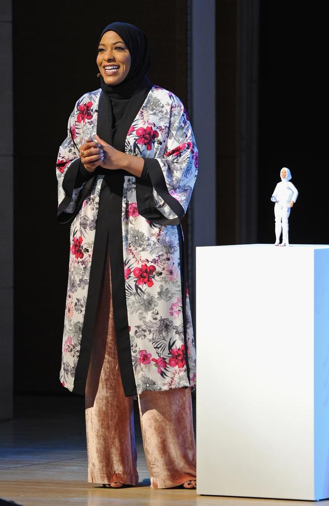 U.S. Olympic Medalist Ibtihaj Muhammad speaks onstage a new Barbie doll in her image. Picture: Getty