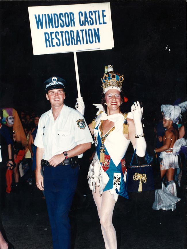 A policeman patrols the Sydney Gay and Lesbian Mardi Gras in 1994. Picture: Roy Haverkamp.