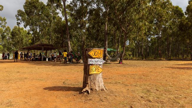 Directional signs leading to the Youth Forum are seen during the Garma Festival. Picture: Tamati Smith/ Getty Images