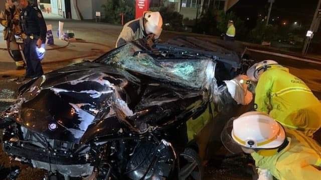 The aftermath of the crash at the intersection of Southport Nerang Rd and Binstead Way, Southport shortly after 1am on Sunday. Picture: Supplied