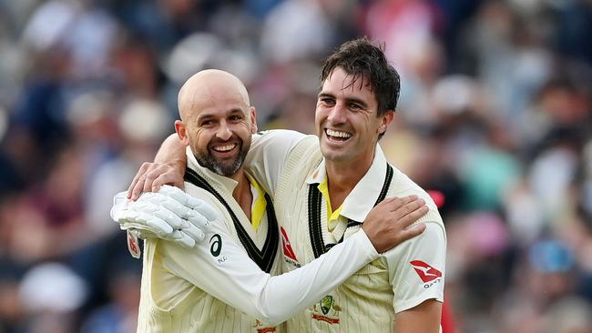 Lyon and Pat Cummins delivered a day five miracle to steal the first Ashes Test from England. Picture: Getty