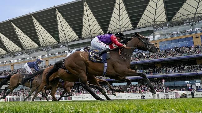 Tom Marquand rides Gilded Water (purple silks, red sleeves) in the King George V Stakes at Royal Ascot. Picture: Alan Crowhurst / Getty Images