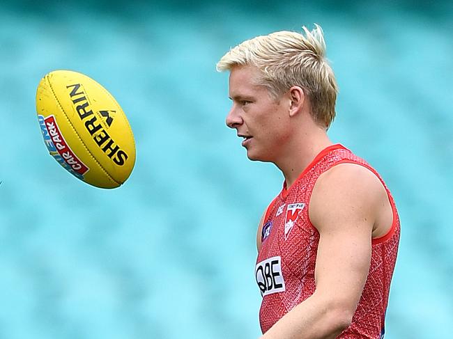 Isaac Heeney of the Sydney Swans during a training session at the SCG in Sydney, Thursday, March 21, 2019. (AAP Image/Joel Carrett) NO ARCHIVING