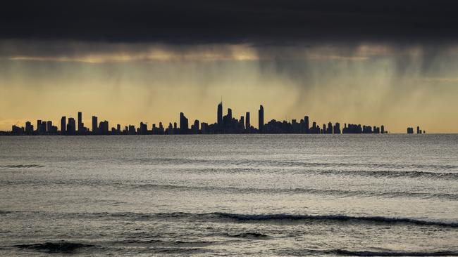 A shot at Kirra shows rain falling over the Gold Coast. Picture: Scott Powick