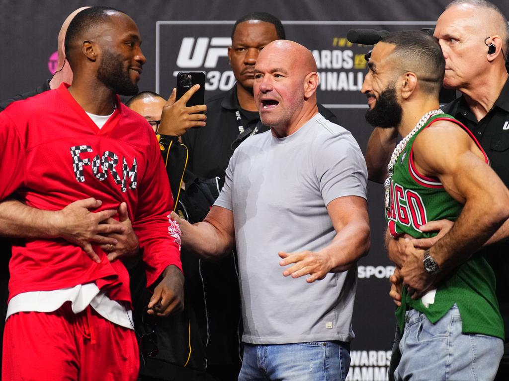 Edwards and Muhammad needed to be separated earlier this week. Picture: Chris Unger/Zuffa LLC via Getty Images