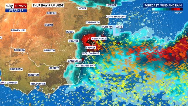 Sydney will be among the hardest hit regions as a dangerous weather system moves south through NSW. Picture: Sky Weather