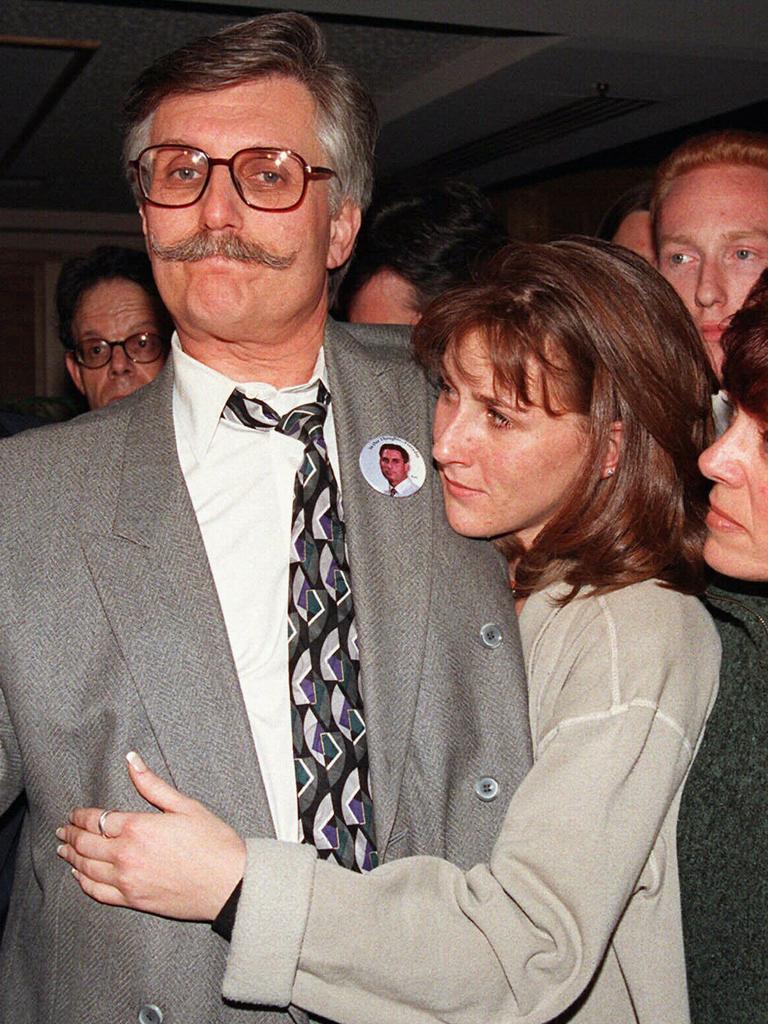 Fred Goldman, father of Ron Goldman being hugged by lawyer Daniel Petrocelli following guilty verdict in OJ Simpson wrongful death civil trial 04 Feb 1997.