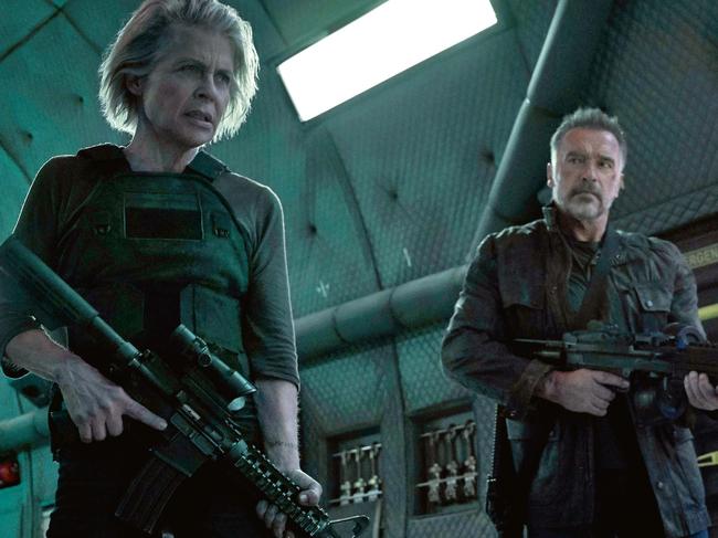 Linda Hamilton and Arnold Schwarzenegger back in action for Terminator: Dark Fate. Picture: Australscope