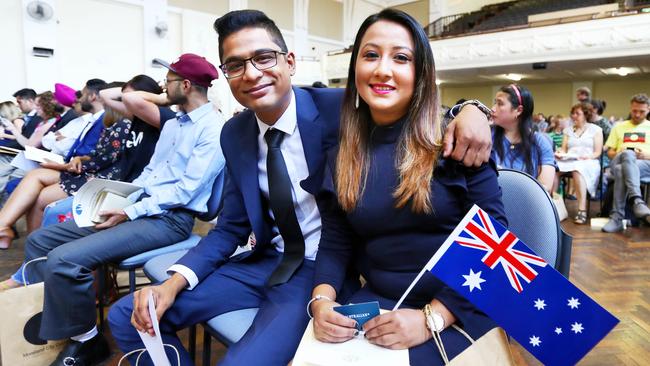 Nepalese migrant Abhi Naskar and Jenish Adhikari become Australian citizenship at Coburg Town Hall in the City of Moreland.