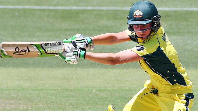 Southern Stars player Beth Mooney plays a cut shot against India. Picture: Sarah Reed.