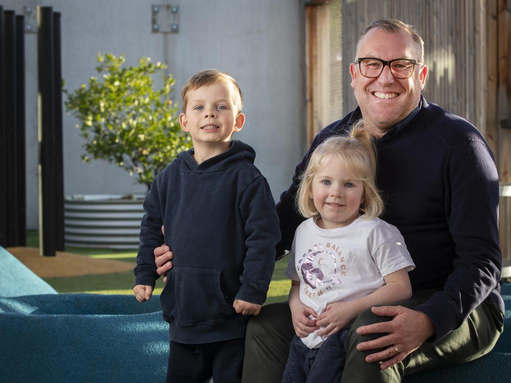 Lady Gowrie Tasmania CEO Mat Rowell with Ava 3 and Charles 3 at the Integrated Centre, South Hobart. Picture: Chris Kidd