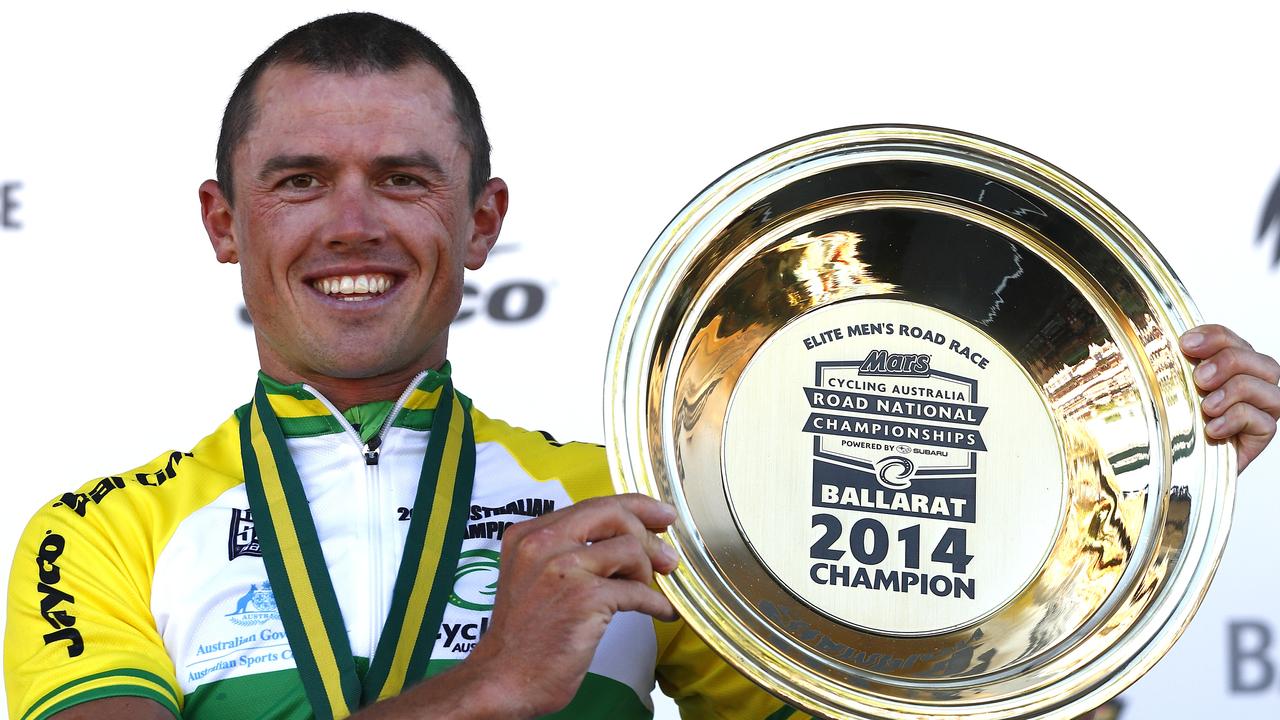 Simon Gerrans on the podium after his win today over Cadel Evans and Richie Porte. Pic Michael Klein