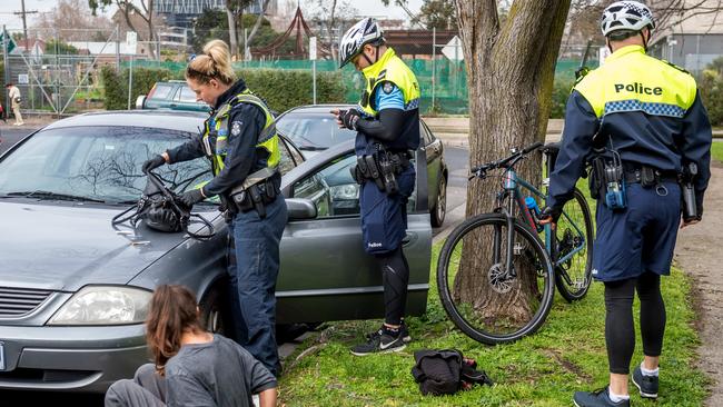 Victoria Police’s bike patrol officers are also patrolling laneways and side streets, focusing on drug use and dealing where drug dealing has been an issue. Picture: Jake Nowakowski