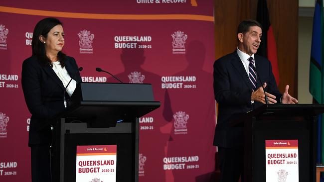 Queensland Premier Annastacia Palaszczuk and Treasurer Cameron Dick speak during a press conference at the Queensland Budget lockup at Parliament House. Picture: NCA NewsWire / Dan Peled